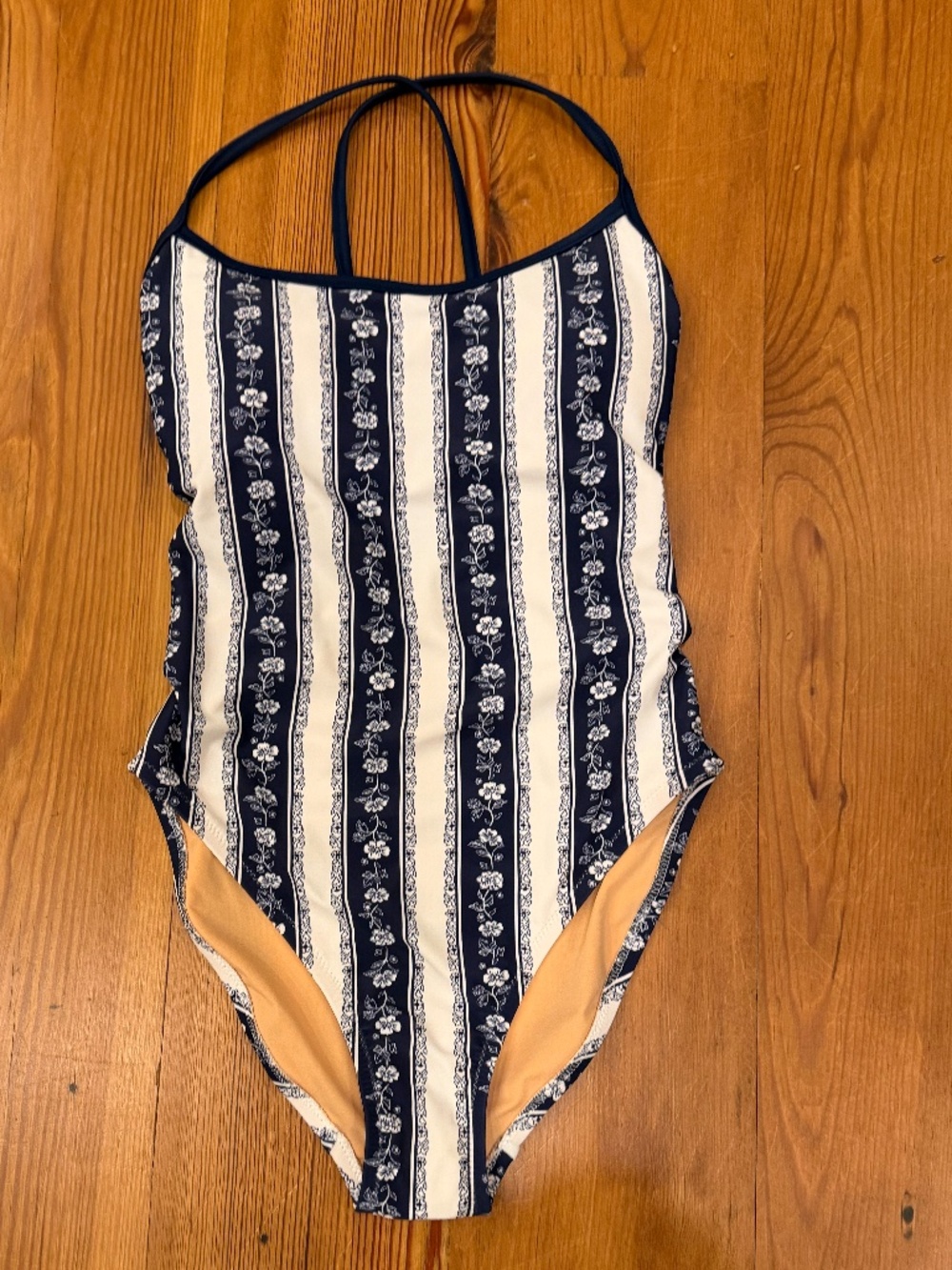 J. Crew Classic Floral Navy and white Striped High cut One Piece Swimsuit XS